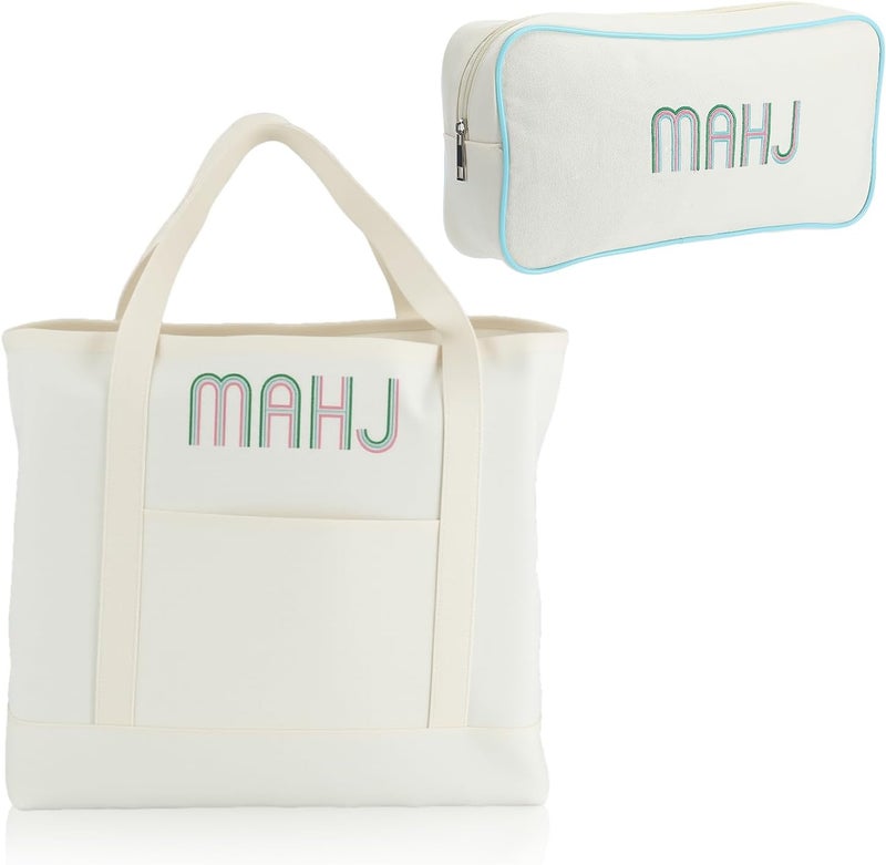 SilTriangle 2 Pcs Embroidered Mahjong Canvas Tote (large & Extra Large) Empty Tiles Tote Embroidered Tile Bag for Mahjong Lover Accessories Overnight - Image 1